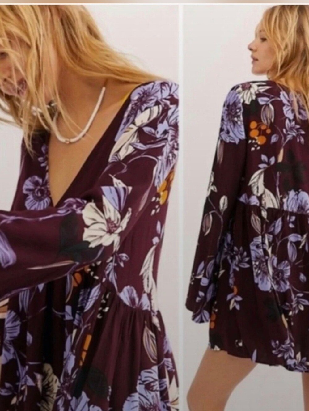 Free People Bella Tunic Floral Babydoll Dress Wine Maroon